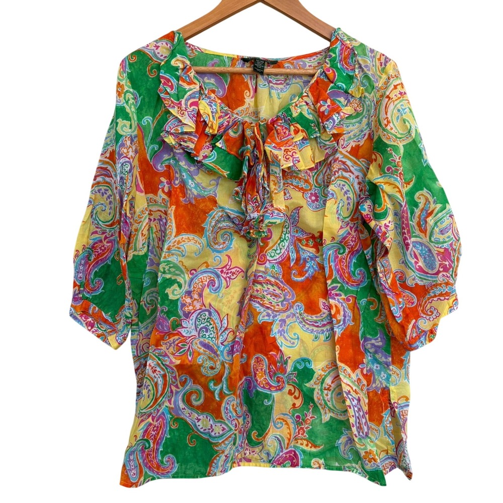 Lauren Ralph Lauren Womens 1X Paisley Ruffle Neck Cotton Blouse Multicolor - Picture 2 of 10